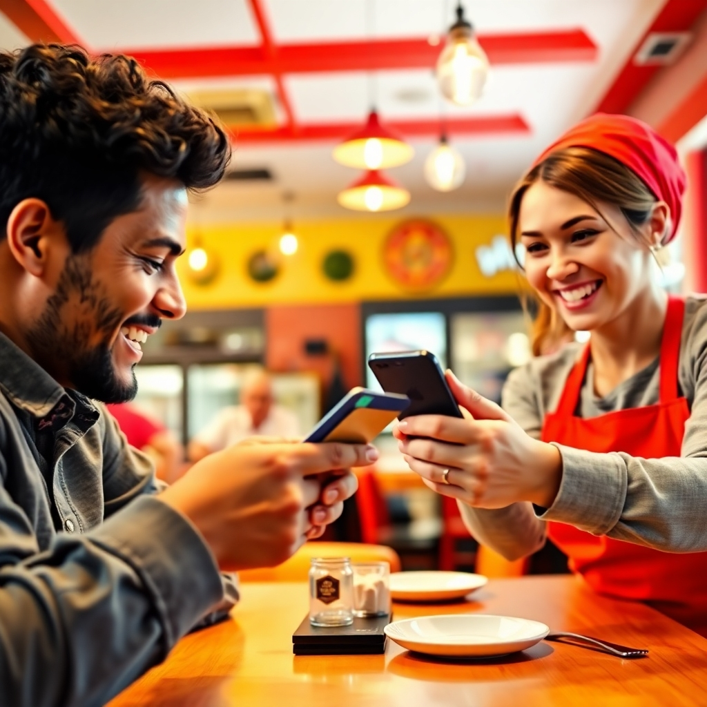 A dynamic image of a customer engaging with a loyalty program on their smartphone inside a vibrant restaurant. The scene includes a cheerful staff member handing over a loyalty card, accentuating the connection between customers and businesses. Bright, positive colors enhance the feeling of familiarity and warmth. The composition should utilize a close-up angle, focusing on the phone app and the happy expressions of both staff and customer. The image should be hyperrealistic and in 4K resolution.