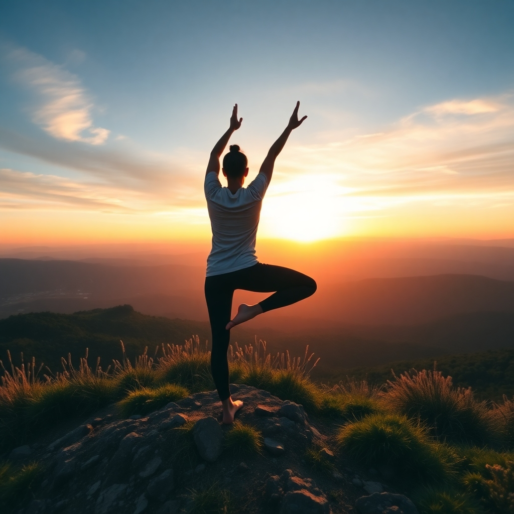 A dynamic image reflecting the journey of a yoga practitioner in training. The scene showcases them in a peaceful outdoor setting, practicing poses on a mountaintop at sunrise. The warm color palette of the sky contrasts with the cool greens of nature, symbolizing growth and elevation. A wide-angle capture highlights the vast landscape behind them, creating a sense of freedom and possibility. This photorealistic image inspires aspirants to embark on their yoga training adventure.