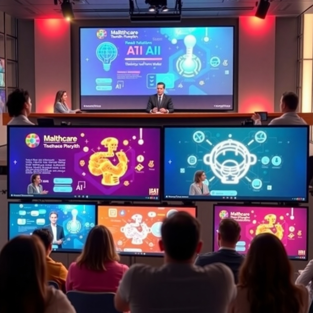 A dynamic image representing a virtual webinar session in action. The composition showcases speakers in a modern studio setting, with multiple attendees viewing in engaging environments. Vibrant graphics related to healthcare and AI are projected behind the speakers, adding visual interest. The lighting is bright and stimulating, reflecting the energy of the session. The overall atmosphere is collaborative and inspiring, reinforcing the importance of sharing knowledge in healthcare.