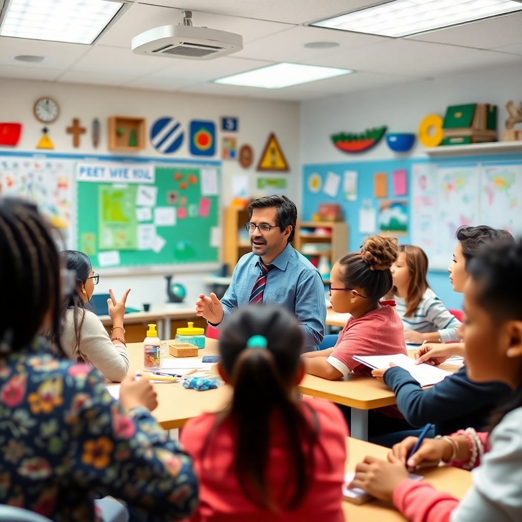 A dynamic scene of an instructor engaging with students in a classroom, utilizing visual aids and technology. The environment is colorful and stimulating, filled with educational tools and specimens. Students of diverse backgrounds actively participate, making notes and asking questions. The atmosphere is energetic and focused, with bright lighting that inspires creativity. The camera angle provides an immersive view of the entire classroom. This image should be high quality and reflect the vibrancy of learning.