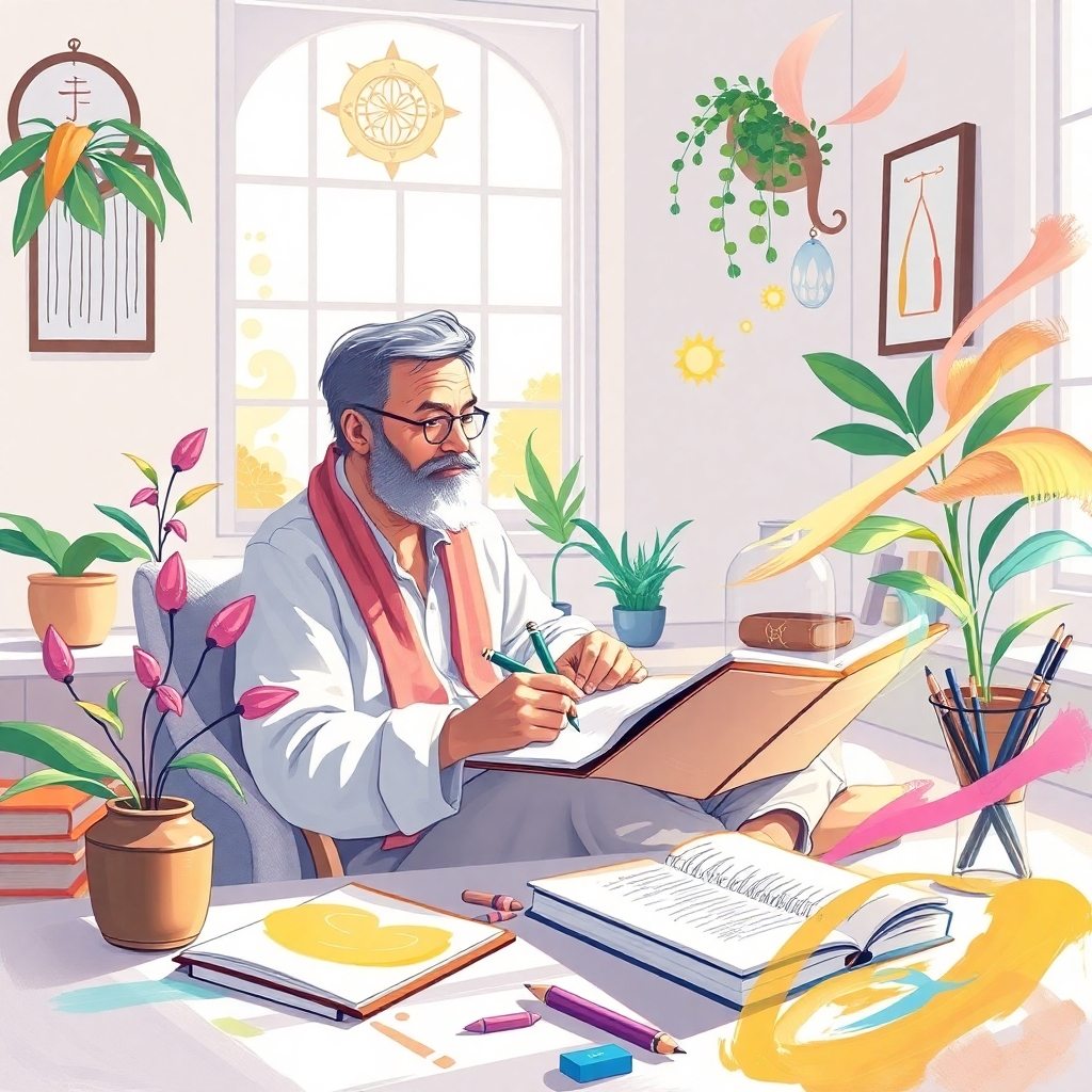 A dynamic visualization where a spiritual teacher is immersed in writing a sermon with SpiritPro, alongside a notepad and stylized art materials. The room is light and airy, adorned with spiritual symbols and plants. The colorful strokes of inspiration seem to dance around, reflecting the creativity that flows from the SpiritPro application. The scene is vibrant and inviting, full of warmth and clarity.