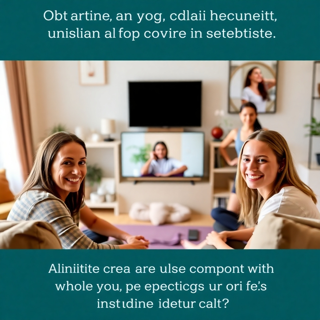 A heartfelt photograph of an online yoga community circle, represented through a video call setup. The layout displays several smiling participants in their home settings, joyfully engaging with one another. The background should evoke comfort, with personal yoga spaces reflected in the warmth of their living rooms. The camera angle offers an inviting perspective, highlighting the sense of connection and camaraderie among future instructors. This stylized image promotes community and support in the online learning environment.