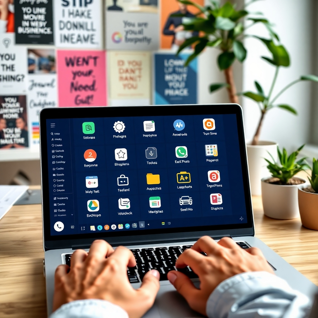 A high-quality image of a laptop showcasing the Onexxa Complete Business App interface filled with various business tools. The foreground has hands typing, suggesting active engagement. The background is filled with motivational posters and a plant, adding a touch of creativity and life to the workspace.