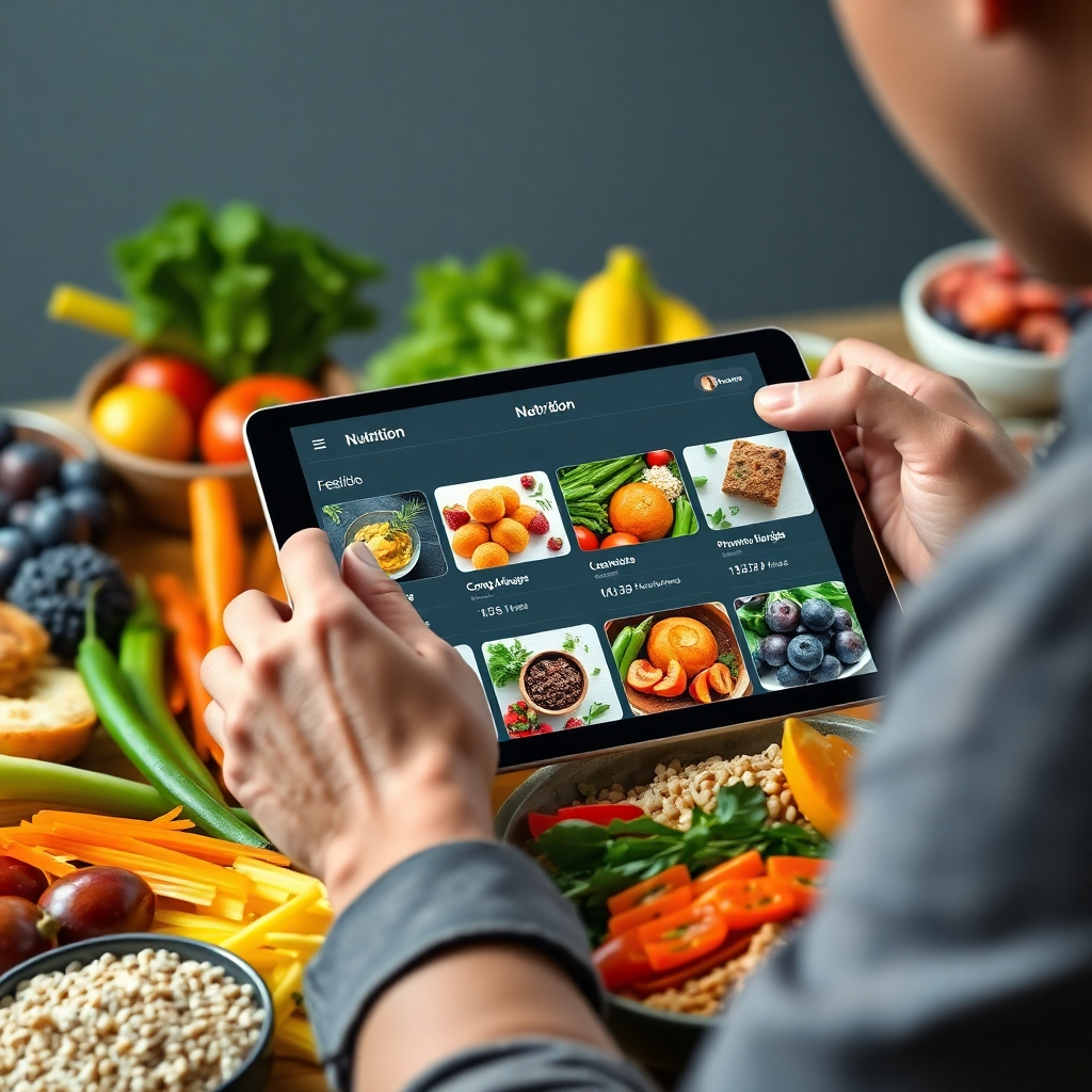 A high-quality, photorealistic image of a person interacting with a nutrition web app on a tablet, surrounded by a colorful, healthy meal spread of vegetables, grains, and fruits. The screen displays personalized meal options with vibrant food images and nutritional information.