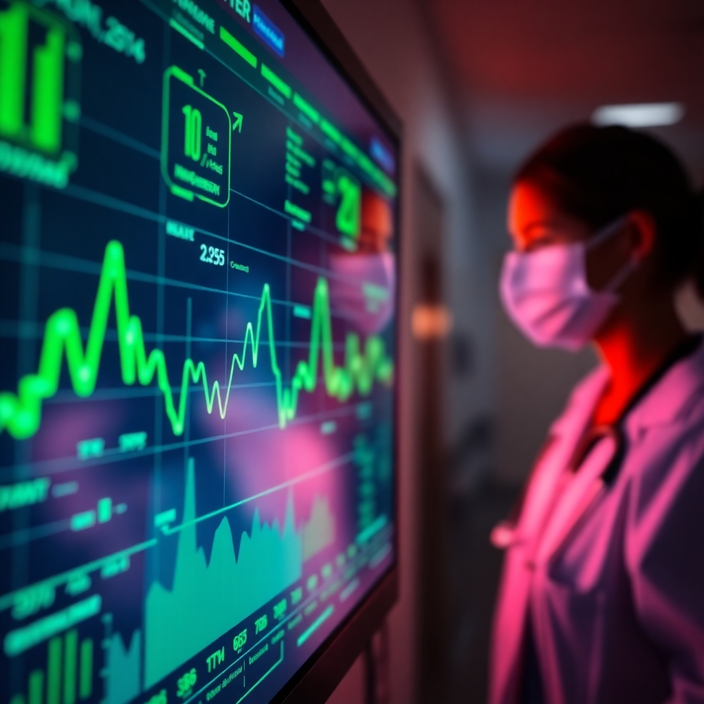  A high-quality stylized image showing a close-up of a hospital screen with AI algorithms processing patient data. The composition focuses on the screen's vibrant graphics intertwined with health metrics, glowing softly in a dimmed environment. The use of green and blue hues represents technology and trust, while a healthcare professional is seen in the background, symbolizing support and assurance. The resolution must be high to capture intricate details of the screen visualization.