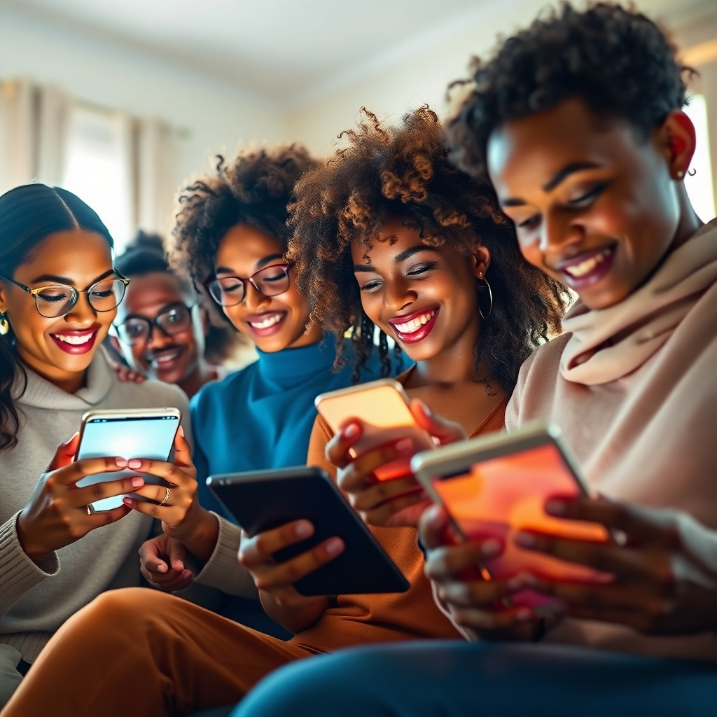A high-quality stylized image illustrating the essence of SpiritPro, showing a diverse group of spiritual counselors engaging with the app on various devices. The composition captures a warm, inviting environment where creativity and spirituality flourish, with a bright light source enhancing the mood. Colors are soft and inviting, with touches of gold to signify enlightenment. The camera captures a dynamic angle presenting both the counselors' faces and the app in use, showcasing individual expressions of inspiration. The visual should be high quality at 4K resolution, emphasizing community and innovation.