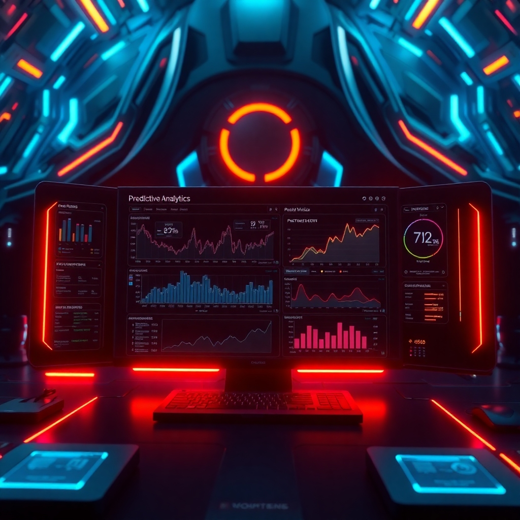A high-tech image featuring a futuristic display of predictive analytics in a sleek, modern interface. The screen shows various charts and analytics algorithms with a digital overlay, set against a backdrop of a shadowy, tech-laden environment. The overall color scheme is dark with bright neon highlights, emphasizing the interplay between technology and esoteric wisdom.