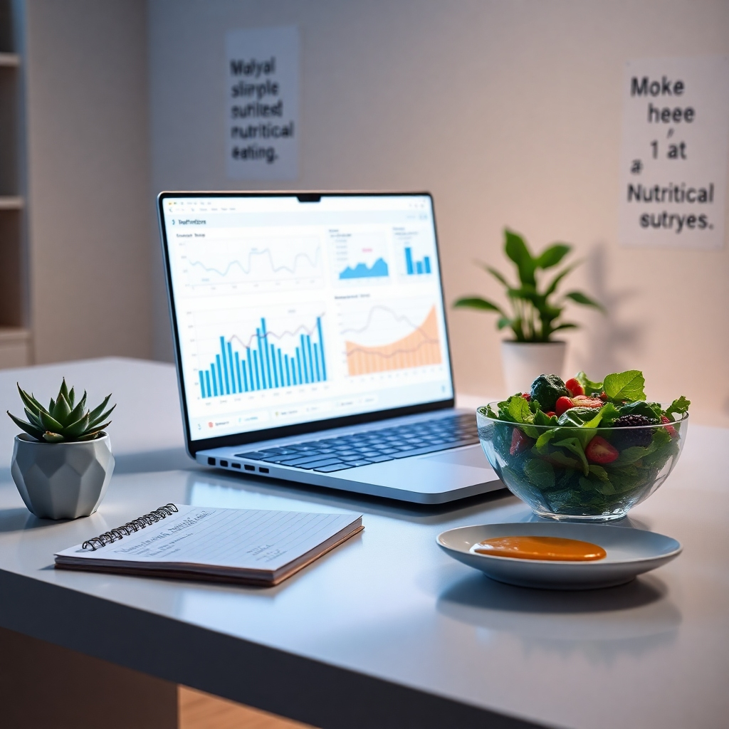 A high-tech workspace showing a sleek laptop displaying complex graphs and nutritional data on the screen. The focus is on the laptop with dramatic side lighting that highlights the device's contours and the vibrant colors of the graphs. A minimalist aesthetic with a color palette of cool blues and bright whites evokes a professional atmosphere. The laptop is positioned on a clean, modern desk featuring a notepad with handwritten notes and a healthy salad bowl adorned with dressing on the side, illustrating the connection to nutritious eating. The camera angle is slightly above eye level to capture the whole scene, emphasizing the analytical aspect of nutrition. Background elements include a potted succulent and a wall with clear, motivating nutritional quotes. The image should be ultra-detailed and shot in 8K resolution to ensure every aspect of the workspace is sharp and inviting.