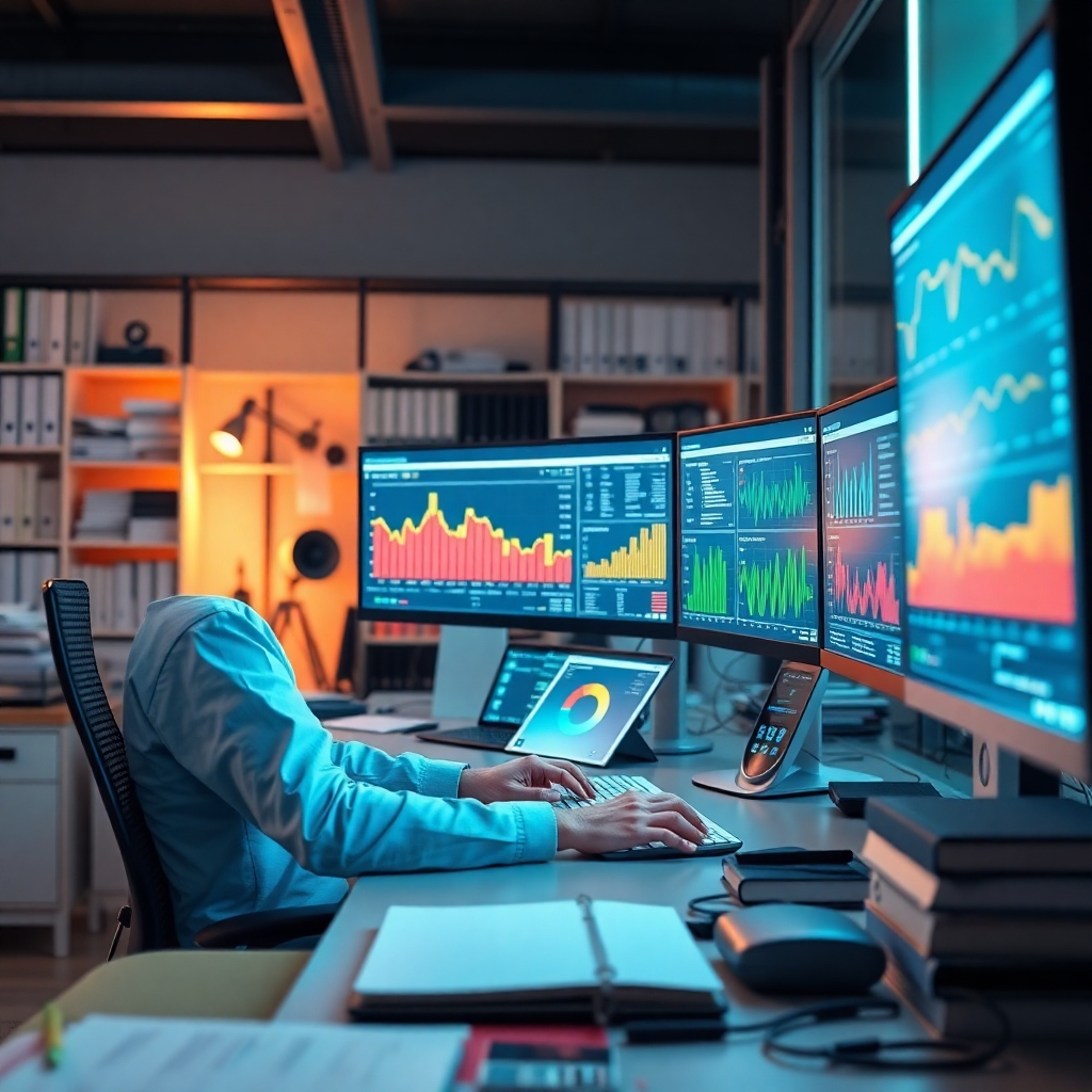 A highly detailed image illustrating a professional at a workstation analyzing health data. The setup includes multiple monitors showcasing vibrant graphs and statistics. The lighting is strategically placed to create a focus on the screens, enhancing the data's clarity. A contemporary office environment, filled with health-related books and devices, adds context, showcasing the importance of data in decision-making.