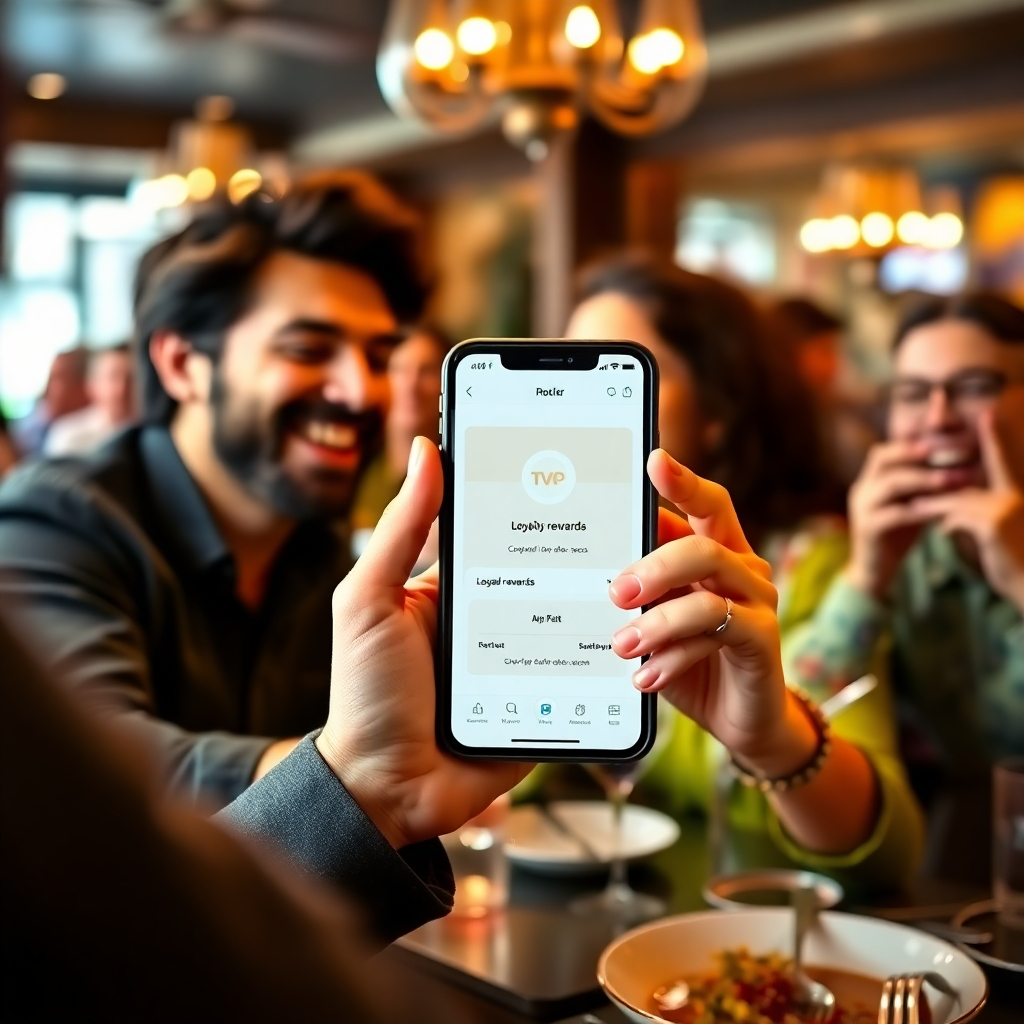 A lively image presenting a customer showing off their loyalty rewards on a smartphone in a joyful dining scenario. The atmosphere should be bright and engaging, with other diners in the background celebrating their experiences. The phone display needs to be clear to highlight the app's loyalty features. This high-quality, photorealistic image should be in 4K resolution.