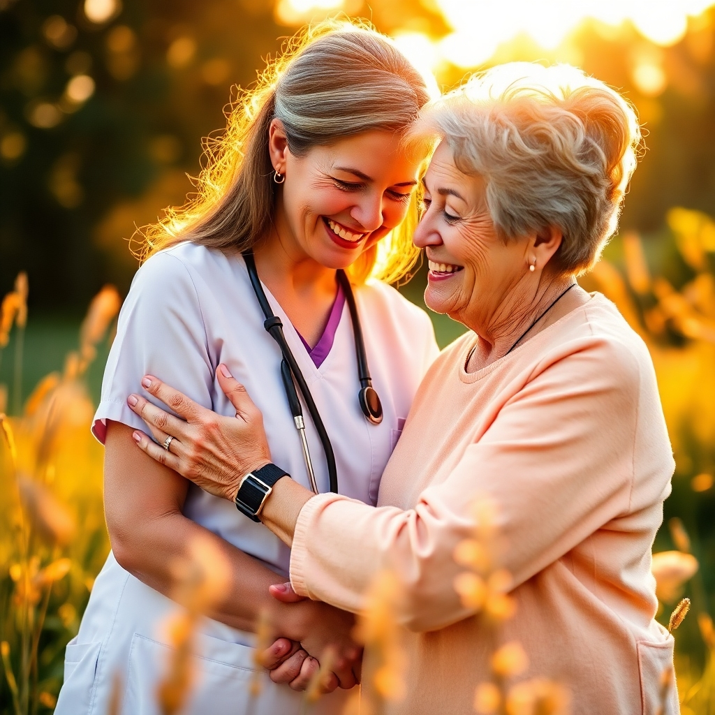 A meaningful image depicting a caregiver and patient sharing a moment of compassion in a peaceful outdoor setting. The composition should be bathed in golden hour light, emphasizing warmth and connection. The colors are vibrant yet calming, utilizing soft pastels in clothing and surroundings. The camera angle highlights genuine expressions of kindness and understanding between the two individuals, while nature in the background signifies healing. Technical specs should evoke warmth and emotion, blending natural beauty.