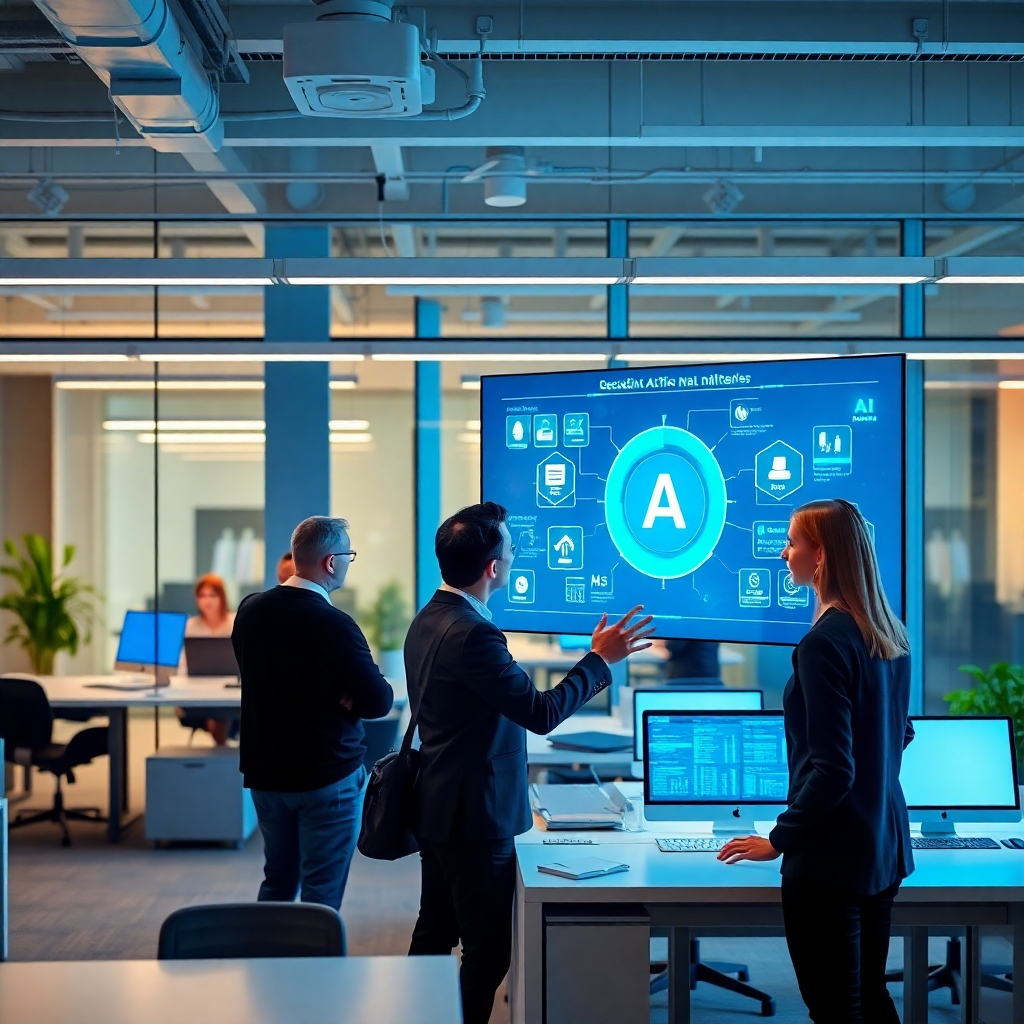A modern office setting displaying an AI solution in action, with employees interacting with digital interfaces showcasing AI capabilities. The ambient light is bright and tech-focused, spotlighting the innovative nature of the solutions.