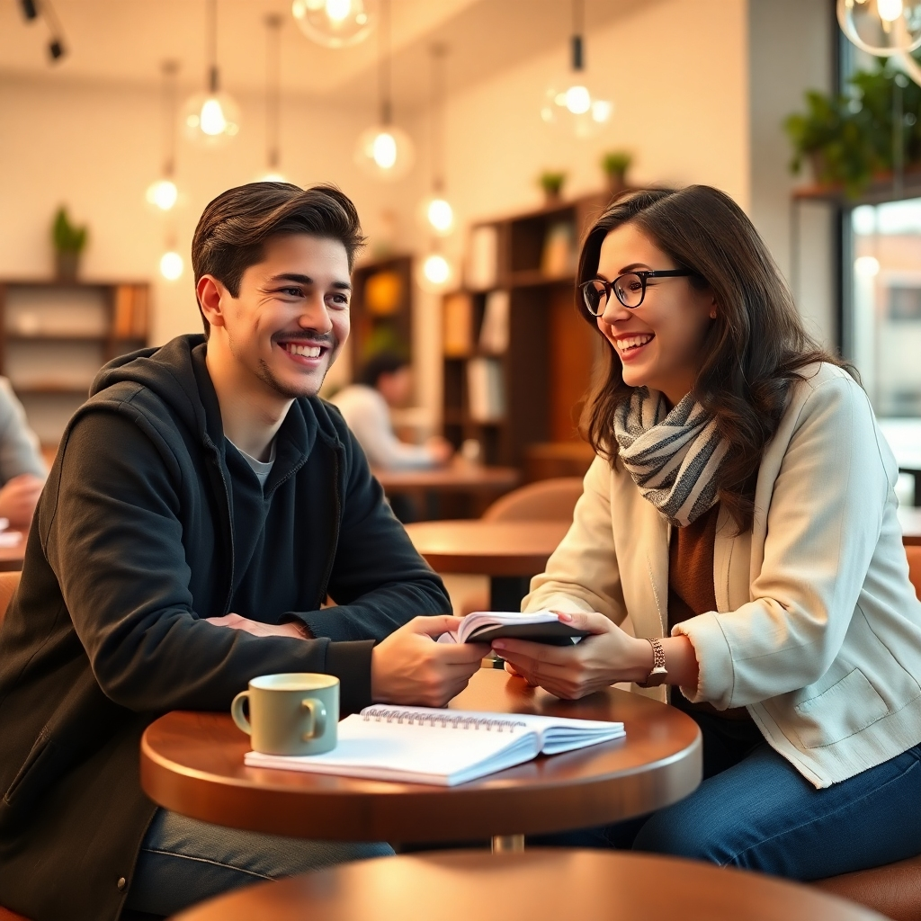 A nurturing scene of a mentoring session between a graduate and a faculty member in a cozy coffee shop. The atmosphere is warm, with soft lighting and inviting decor. Both individuals are smiling, exchanging ideas and advice over notebooks and coffee. The color palette is warm and welcoming, reinforcing the support aspect of the program. The image captures connection and growth in a friendly setting. It should be photorealistic to represent mentorship effectively.