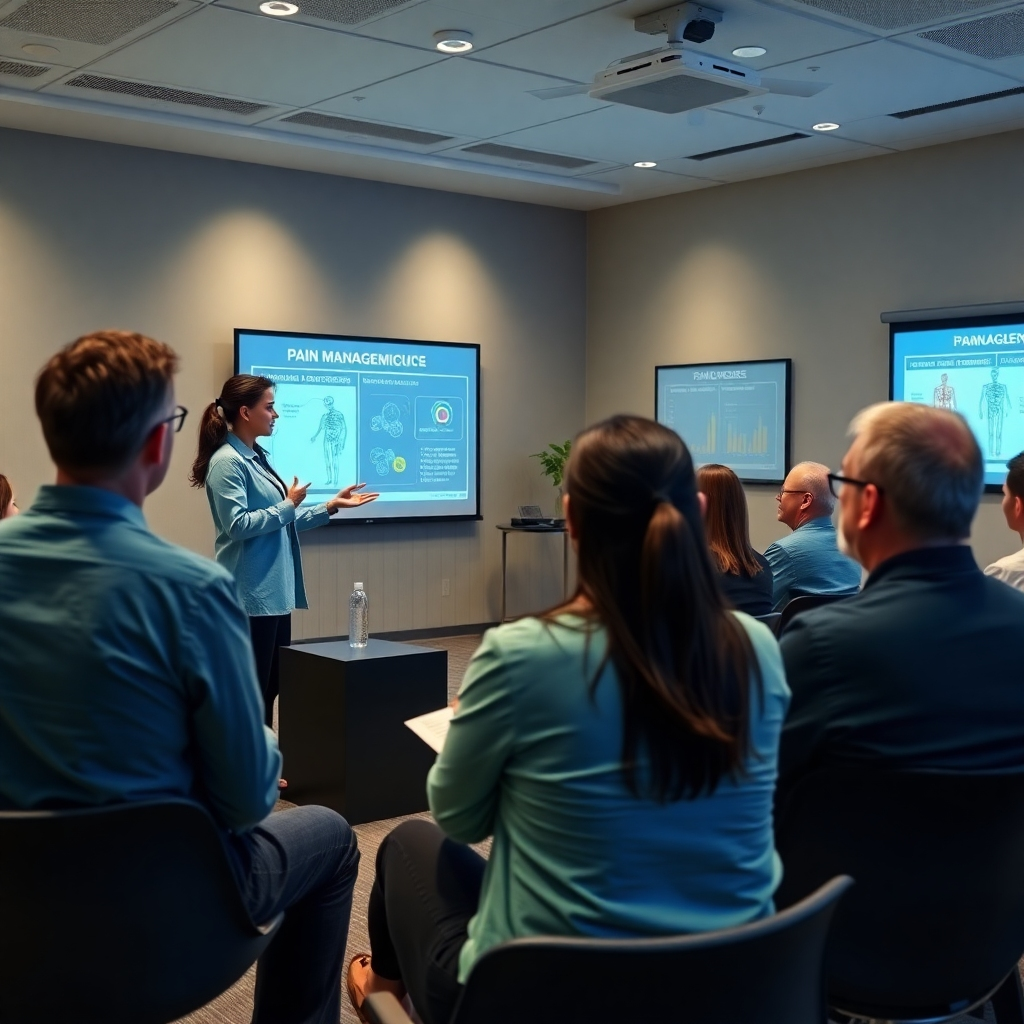 A photorealistic depiction of a wellness professional leading a seminar for clients, explaining pain management techniques. The setting is energetic, with clients engaged in discussions, sitting in a well-lit lecture room. Technical visuals like slides and diagrams are displayed. The color palette is inviting and educational, with greens and blues. The camera angle captures the moment of interaction, emphasizing empowerment and engagement. High quality, in 8K resolution.