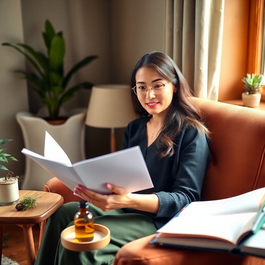 A photorealistic image capturing a wellness professional reading through a course manual in a relaxed study setting. The composition features a cozy armchair, a small table with herbal remedies, and an open notebook. Soft, natural light filters through a nearby window, creating a comfortable study environment. The color palette blends warm tones with greens, suggesting enlightenment and growth. The camera angle is at eye-level, offering a clear view of the professional's engaged expression. High resolution, showcasing every detail in 8K.