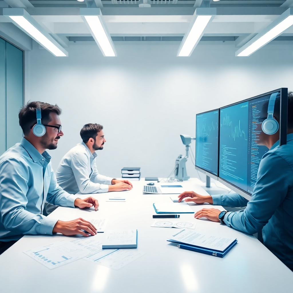 A photorealistic image depicting a team of software developers working on AI-driven health applications. The scene captures a modern tech workspace with dual monitors displaying code and health metrics. Bright lighting emphasizes the focus and teamwork among developers, conveying a dynamic work environment. The color palette leans towards blues and whites, representing technology and trust. Relevant props include health-related algorithms and design sketches scattered on the table.