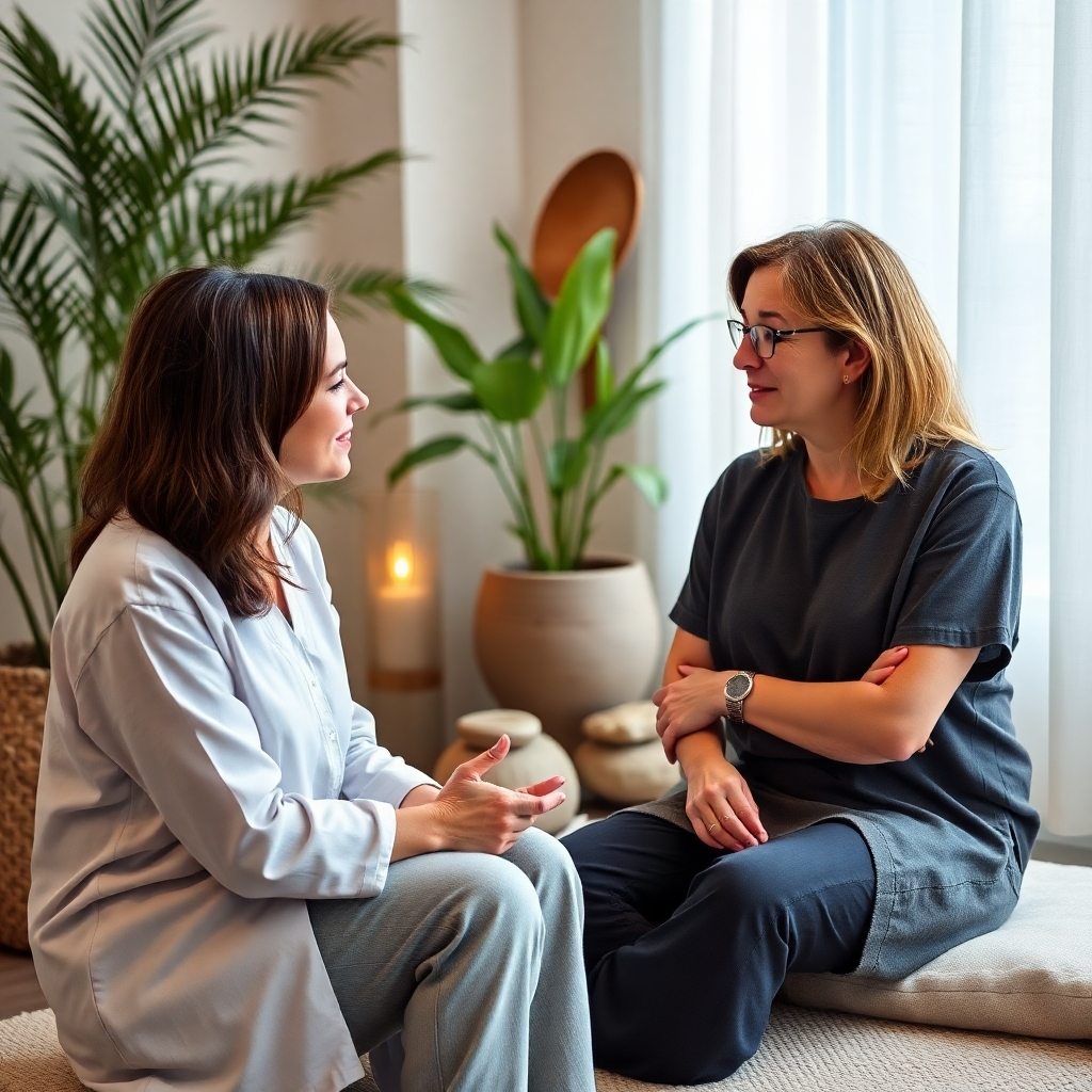 A photorealistic image depicting a wellness professional discussing treatment options with a client in a tranquil office setting. Natural elements such as plants and stone decor help create a calming environment. Soft lighting enhances the focus on their conversation, illustrating the personalized approach of the course. The camera angle is intimate, capturing both the client and professional's expressions of understanding. The image should express compassion and professionalism, produced in 8K resolution.