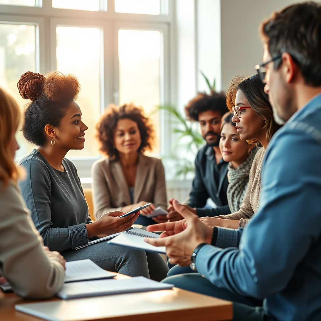 A photorealistic image representing a diverse group of individuals engaged in a workshop setting, sharing their experiences. The composition includes a facilitator guiding the discussion, with participants actively listening and taking notes. Soft, natural lighting filters through large windows, creating a warm and inviting atmosphere. The color palette features calming tones of blue and green, symbolizing growth and healing. Close-up details showcase engaged faces and hands expressing emotions, enhancing the connection theme of coaching and counselling. Technical specs: 4K resolution, high quality.