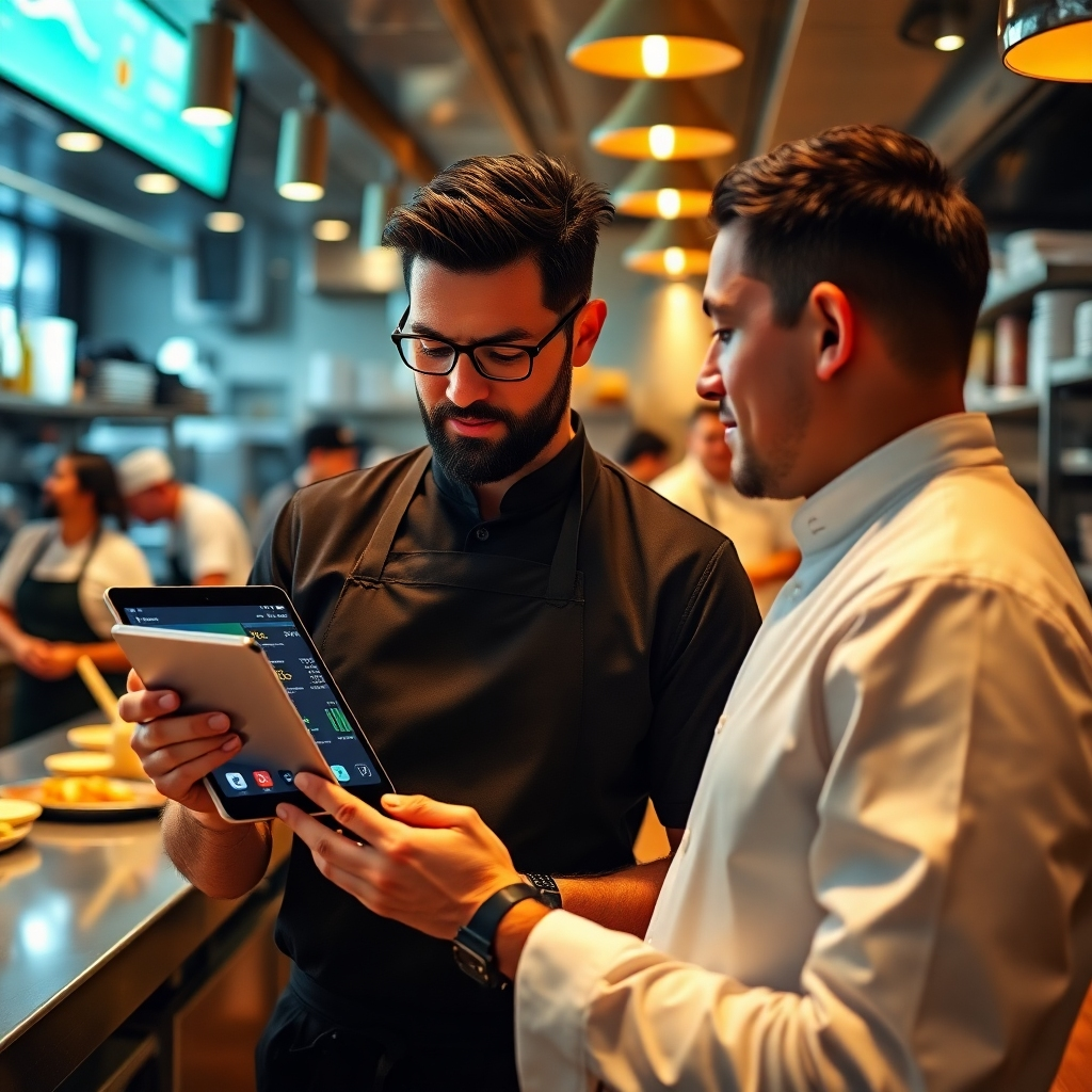 A photorealistic image showcasing a restaurant manager using Onexxa's management app to oversee operations. The scene is set in a bustling kitchen, highlighting chefs and staff working efficiently. The app interface is visible on the manager’s tablet, displaying real-time analytics about customer orders and operations. Warm, inviting lighting captures the busy atmosphere of a successful restaurant. This image should reflect the high-quality, hyperrealistic style and be in 8K resolution.