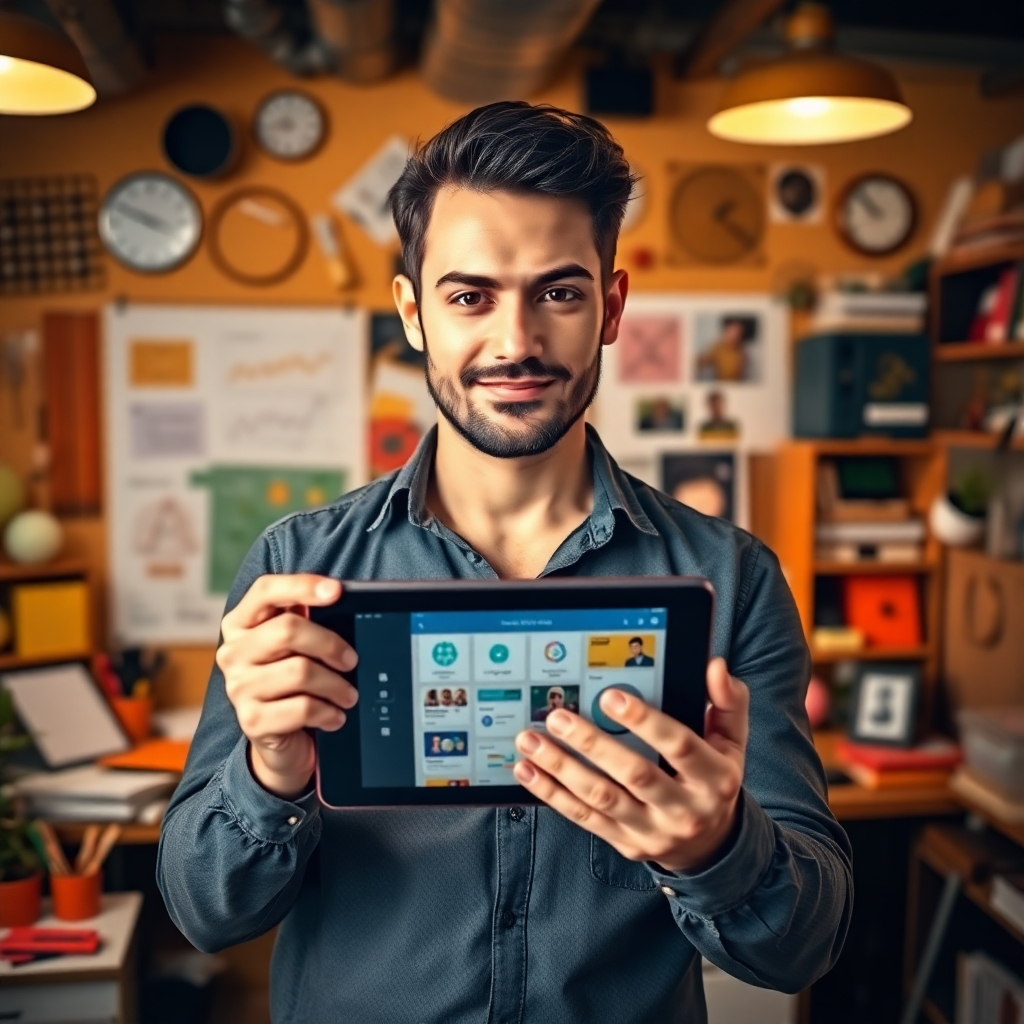 A photorealistic image that embodies the mission of 'Onexxa Complete Business App'. The scene depicts an entrepreneur holding a tablet with the app interface visible amidst an inspiring workspace filled with creative tools and brainstorming materials. Warm, inspirational lighting highlights the determination in the entrepreneur's face. The color palette is bright and inviting, with hints of orange and green symbolizing creativity and growth. The camera captures a close-up of the tablet interface and the background details of a busy, engaging office environment. The image is high quality, 4K resolution.