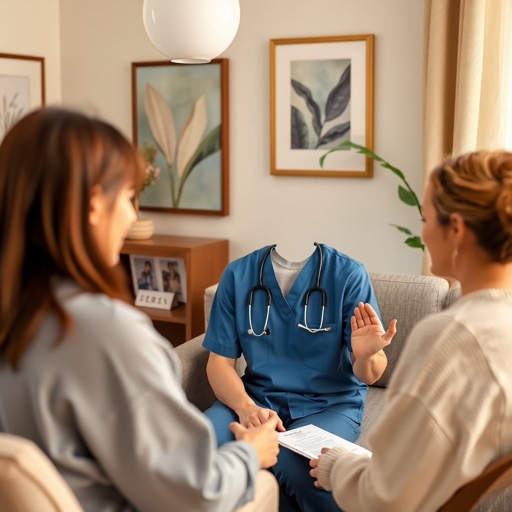A photorealistic portrait of a wellness professional in a peaceful consultation setting with a client. The environment is warm and inviting, with personal touches like calming art on the walls and soft lighting. Natural textures enhance the comforting atmosphere, while props like health brochures and wellness tools are subtly integrated into the space. The camera angle focuses on the interaction, showcasing the professionalism and care involved in consultations. The image should express warmth and clarity, in high resolution.