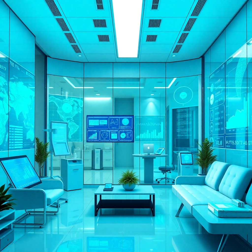 A photorealistic, ultra-high quality header image depicting the essence of 'DxPro Health Application'. The scene showcases a futuristic, bright medical office with AI-integrated health software displayed on sleek digital screens. The composition is dynamic, with soft, natural lighting that emphasizes various shades of blue and green, symbolizing health and innovation. A close-up view captures the texture of high-tech interfaces and medical equipment. The environment includes a patient consultation area with modern furniture, and relevant props like tablets, health data graphs, and intelligent health monitoring devices. The style is hyperrealistic, focusing on clarity and detail, with an 8K resolution that makes each element visually striking.