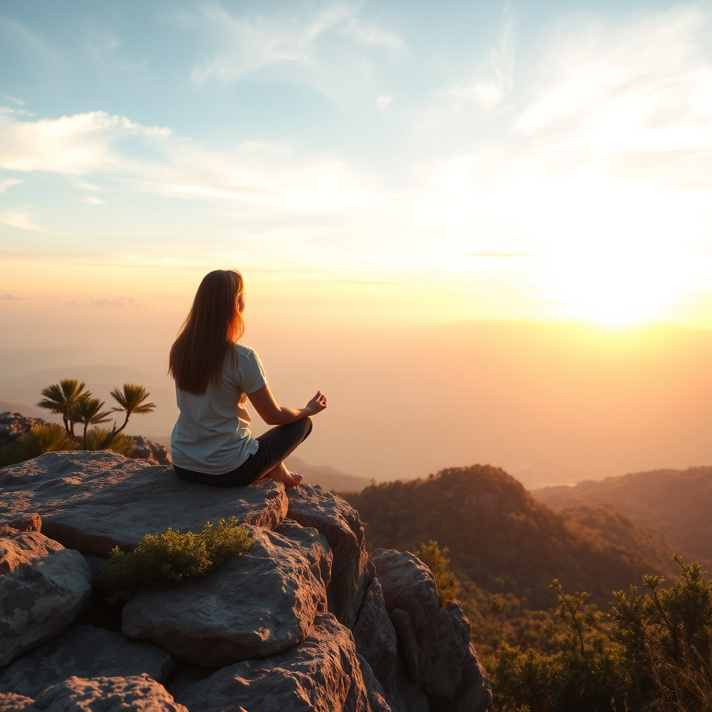 A photorealistic, ultra-high quality image depicting a serene landscape with a person meditating on a cliff overlooking a vast horizon. The composition features a sunrise illuminating the scene with warm golden hues, while soft, wispy clouds drift in the sky. The camera angle is slightly elevated to capture the expansive view, highlighting the tranquility of the mind achieved through emotional regulation. Textures of the rocks and lush greenery are sharp and lifelike, and a gentle breeze is suggested by the movement of hair and foliage. The overall mood reflects peace and enlightenment, suitable for coaching and counselling themes. Technical specs: 8K resolution, hyperrealistic.