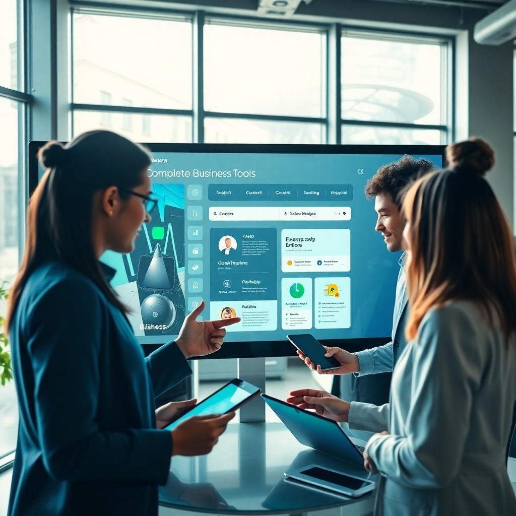 A photorealistic, ultra-high quality header image representing 'Onexxa Complete Business Tools'. The composition features a dynamic office environment with diverse professionals collaborating around a large screen displaying the business app. Soft natural lighting filters through large windows, creating a vibrant atmosphere. The color palette incorporates blues and greens, symbolizing growth and innovation. Close-up textures showcase the modern technology of tablets and laptops. The camera angle is slightly elevated, capturing both the team and the digital interface in action. The style is hyperrealistic with 8K resolution.