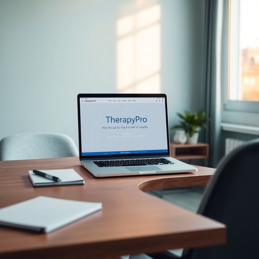 A photorealistic, ultra-high quality image featuring a sleek workspace with a laptop showcasing the TherapyPro Web Application interface on the screen. The composition includes a therapist's desk with a comfortable chair and a notepad, bathed in warm, inviting light from a nearby window. The color palette is calming, featuring soft blues and greens that evoke tranquility. The camera angle captures the workspace from a slight angle, adding depth, while texture details highlight the materials of the desk and the digital interface. The environment is clean, professional, and conveys a sense of modernity. Reference styles from contemporary office designs. Technical specs: 8K resolution, hyperrealistic.