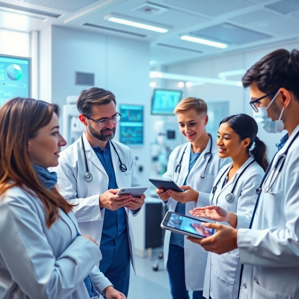  A photorealistic visual concept illustrating a futuristic health care setting, with professionals discussing data-driven insights from AI applications. The scene is filled with patients interacting with digital devices, showcasing a seamless blend of technology and healthcare. Bright lighting emphasizes the team's engaged expressions, with a color palette of soft blues and whites promoting a sense of calm and hope. The detail in the equipment and analytics displays exemplifies the technological transformation in healthcare services.