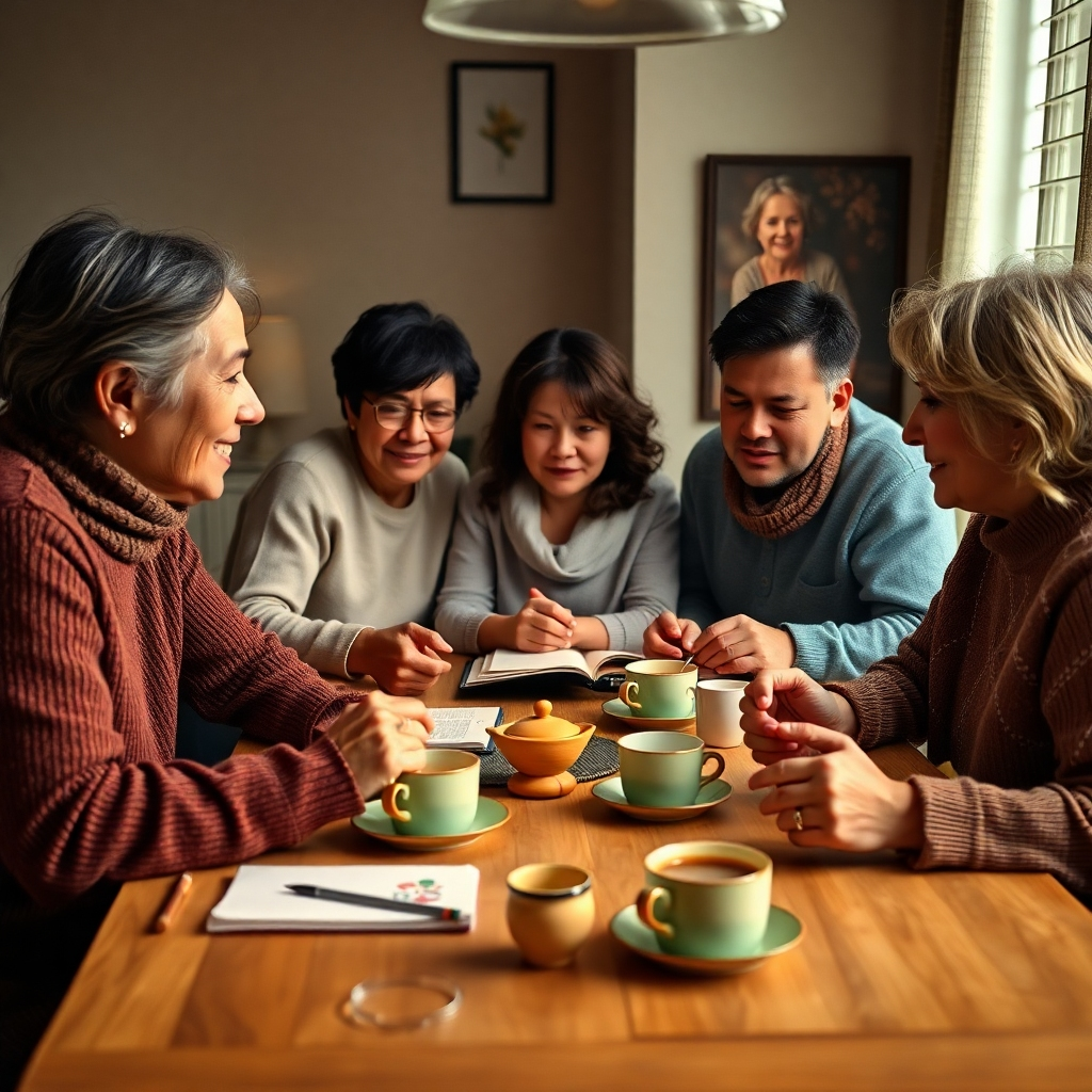 A poignant image depicting a family gathered around a table, engaged in thoughtful discussions on caregiving. The composition includes soft, diffused lighting that creates a soulful atmosphere, with rich earth tones dominating the scene. The camera angle showcases the diversity of family members, with focus on their caring expressions. Relevant props like caregiving notebooks, family photos, and comforting tea cups enhance the scene's warmth and engagement. The overall look aims to convey unity and understanding. Style references draw from family-focused storytelling. Technical specs should be high quality, evoking emotion.