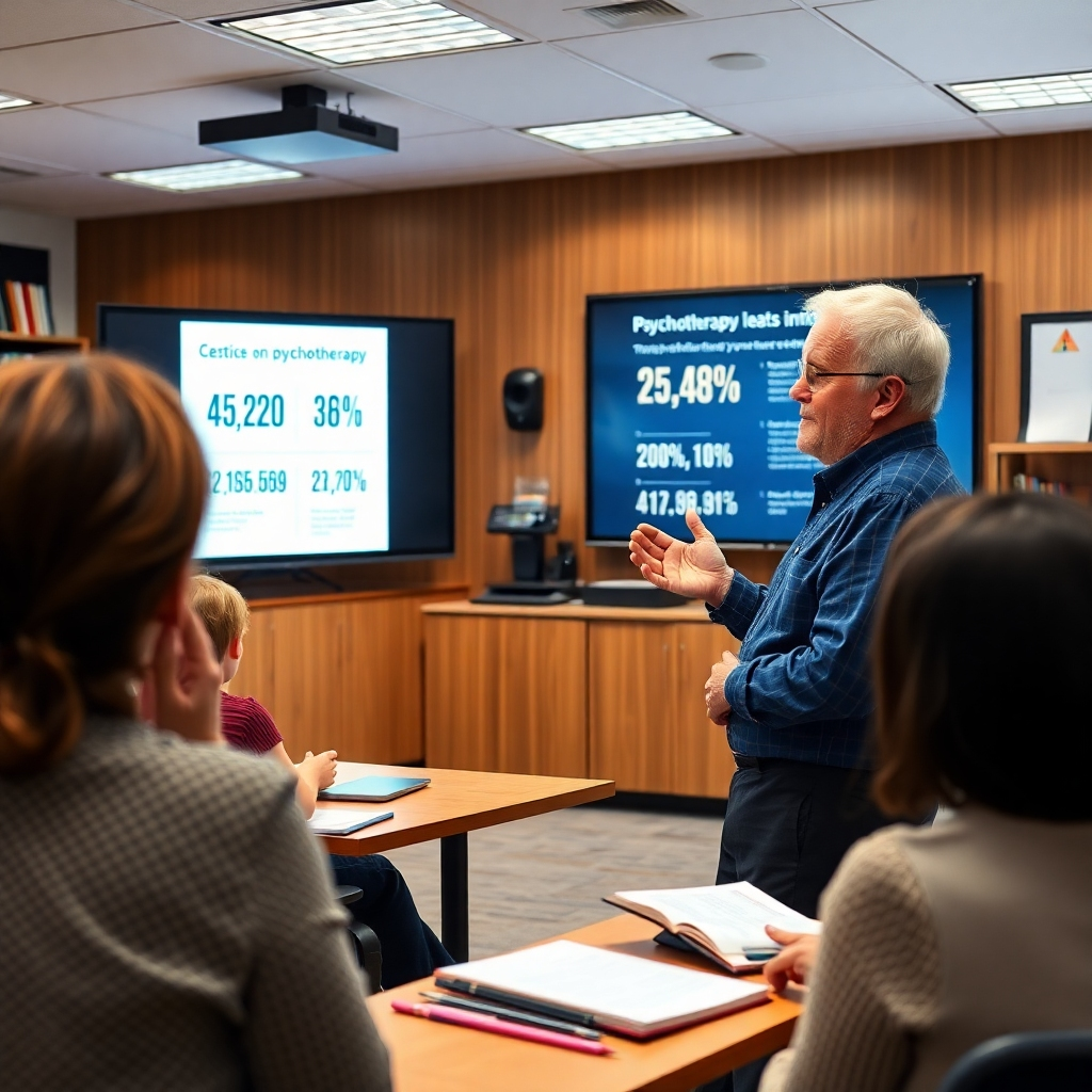 A portrait of a seasoned psychotherapist giving a lecture in a well-equipped classroom. The scene includes a large screen displaying insightful statistics on psychotherapy. The instructor, an older individual with a warm demeanor, engages a captivated audience with vivid explanations. The room is filled with inspiring visuals and ample resources that promote learning. Soft yet focused lighting enhances the mood of knowledge sharing. The image should be photorealistic to encourage trust and admiration for the instructor.