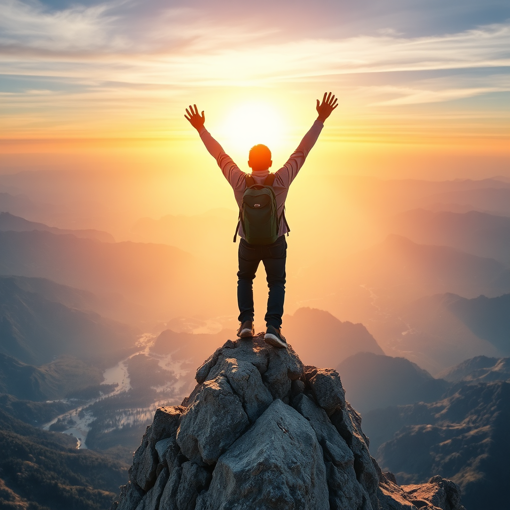 A powerful image of a person triumphantly ascending a mountain peak, arms raised high in victory. The breathtaking scenery showcases a vast landscape below, symbolizing overcoming challenges. The lighting highlights the golden reflector from the sun setting behind the mountains, emphasizing hope and strength. Textures of the rocky terrain and the person's determined expression are vividly captured, with the atmosphere signifying achievement and emotional resilience.