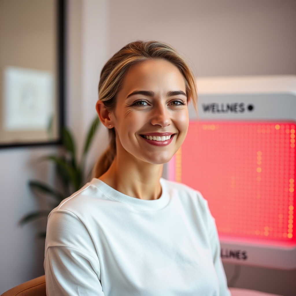 Smiling person in a modern wellness studio with a subtle red light glow