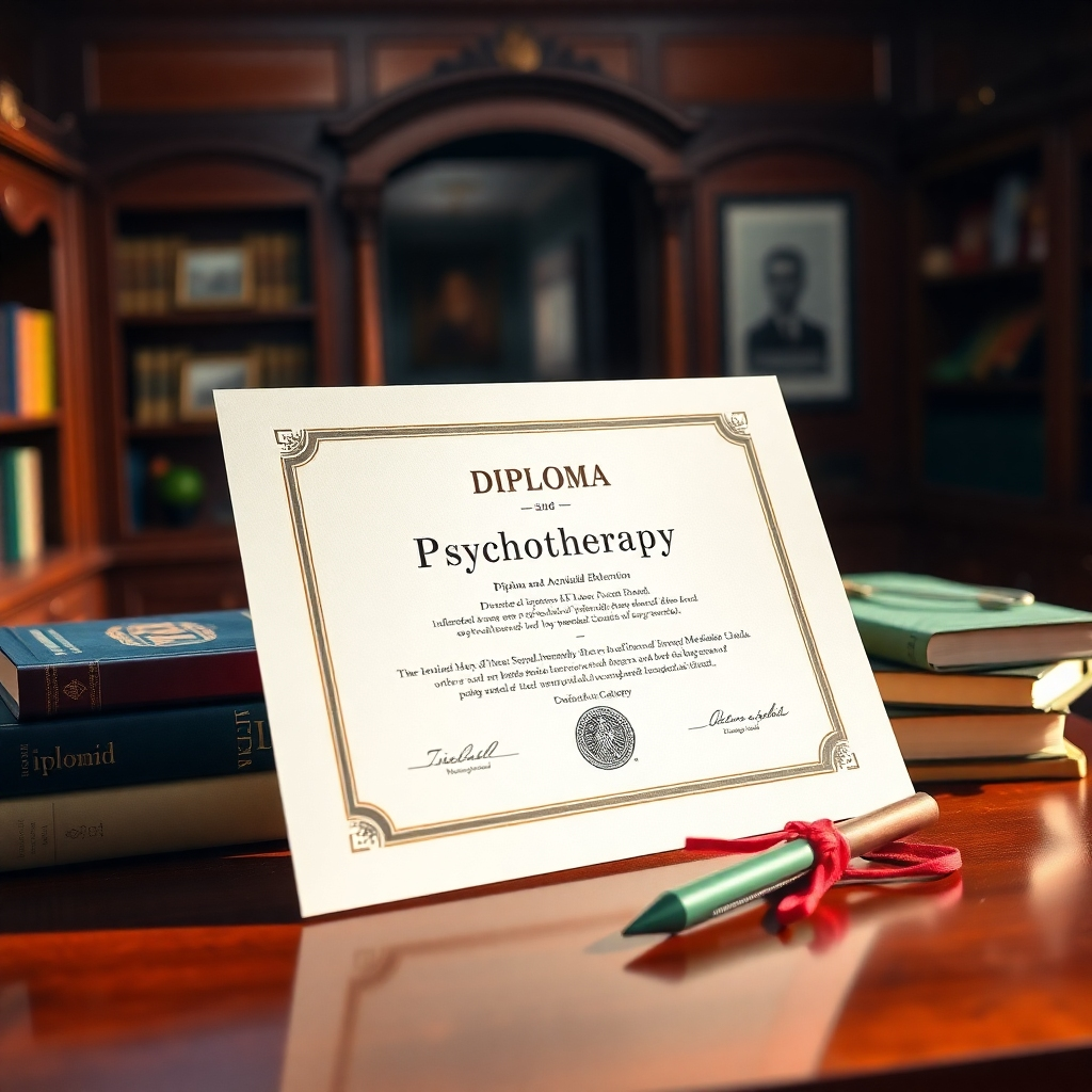A professional setting showcasing a diploma certificate on a wooden desk, surrounded by books on psychotherapy. The background shows a warm and elegant office with rich colors and textures. Natural light highlights the diploma, emphasizing its importance. The focus is on the vivid details of the certificate and educational materials. The style is refined and professional with a luxurious yet inviting atmosphere. The image should effectively illustrate the value of accredited education.