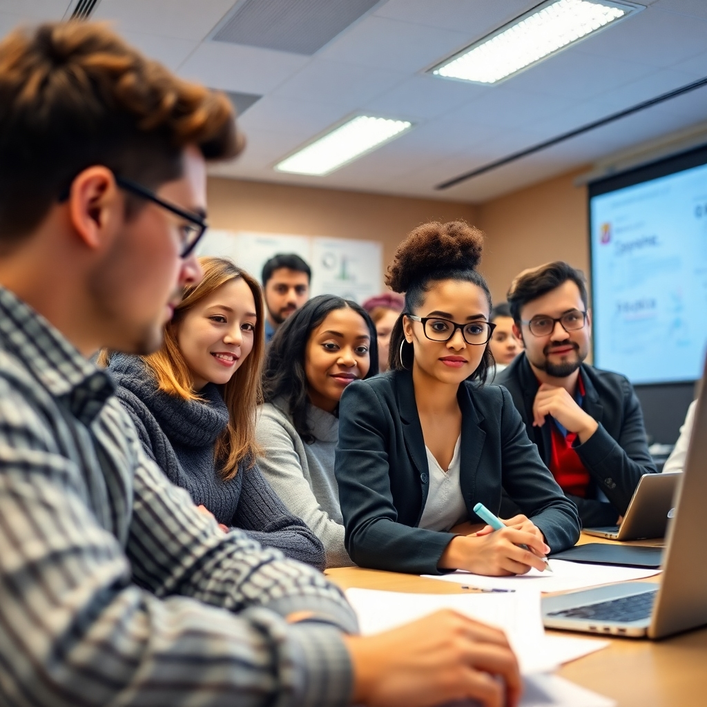 A professional training environment showcasing a group of students actively engaged in coursework. The setting is modern, with informative charts on the walls and technology available for learning. Soft lighting creates a focused atmosphere. The students, diverse in background, display enthusiasm and determination. The camera angle captures a sense of collaboration and learning. This image should be high quality to represent the professionalism of the training.