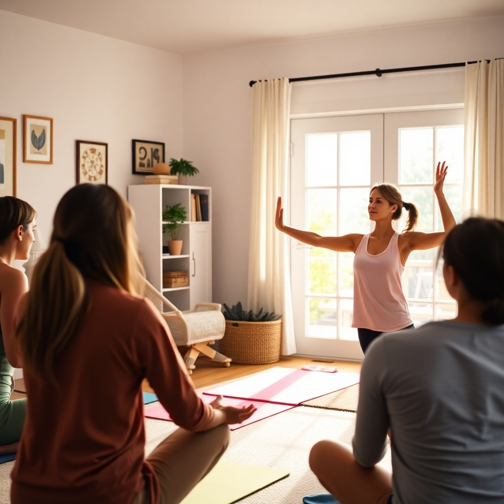 A realistic scene depicting a student practicing teaching yoga in a home environment. The student is demonstrating poses to a small gathering of friends or family, capturing a sense of community learning. Bright indoor lighting adds warmth, and personal touches in the background reflect the individual's unique style. This image portrays the essence of practical application and the excitement of teaching, inspiring trainees to embrace their roles as instructors.