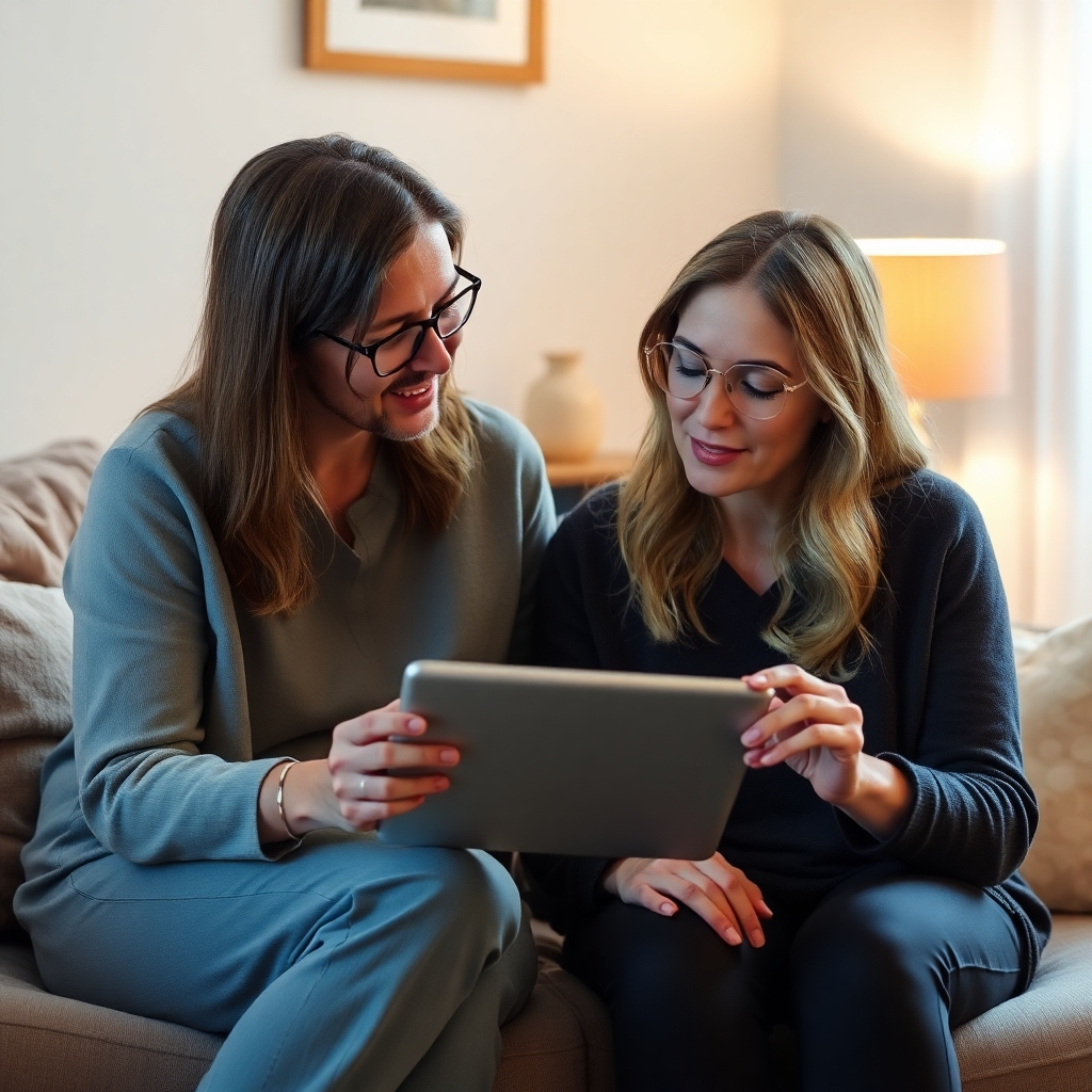A scene of a therapist interacting with a client, both looking at a tablet featuring TherapyPro’s communication options. This should be staged in a tranquil room with soft lighting and warm hues that emphasize trust and openness, making the viewer feel the bond shared during therapy sessions.