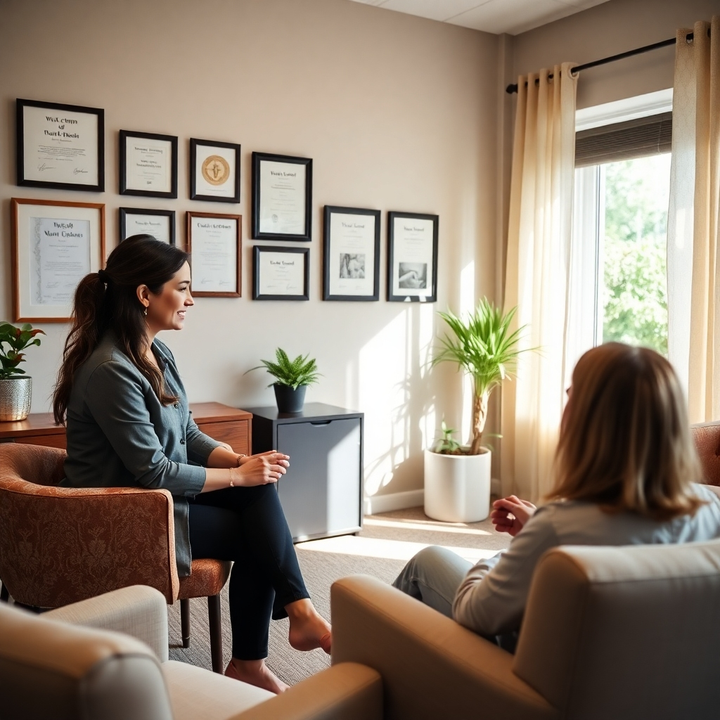 A scene showing a wellness professional in an office engaged in a successful consultation with a client. The office is warm and welcoming, featuring certificates on the wall and comfortable seating. The professional displays confidence and expertise, creating an atmosphere of trust. Natural light flows in, making the space inviting. The camera angle is focused on the interaction, highlighting the professional’s growth. The image should be high quality, emphasizing the rewarding nature of a successful therapy session.