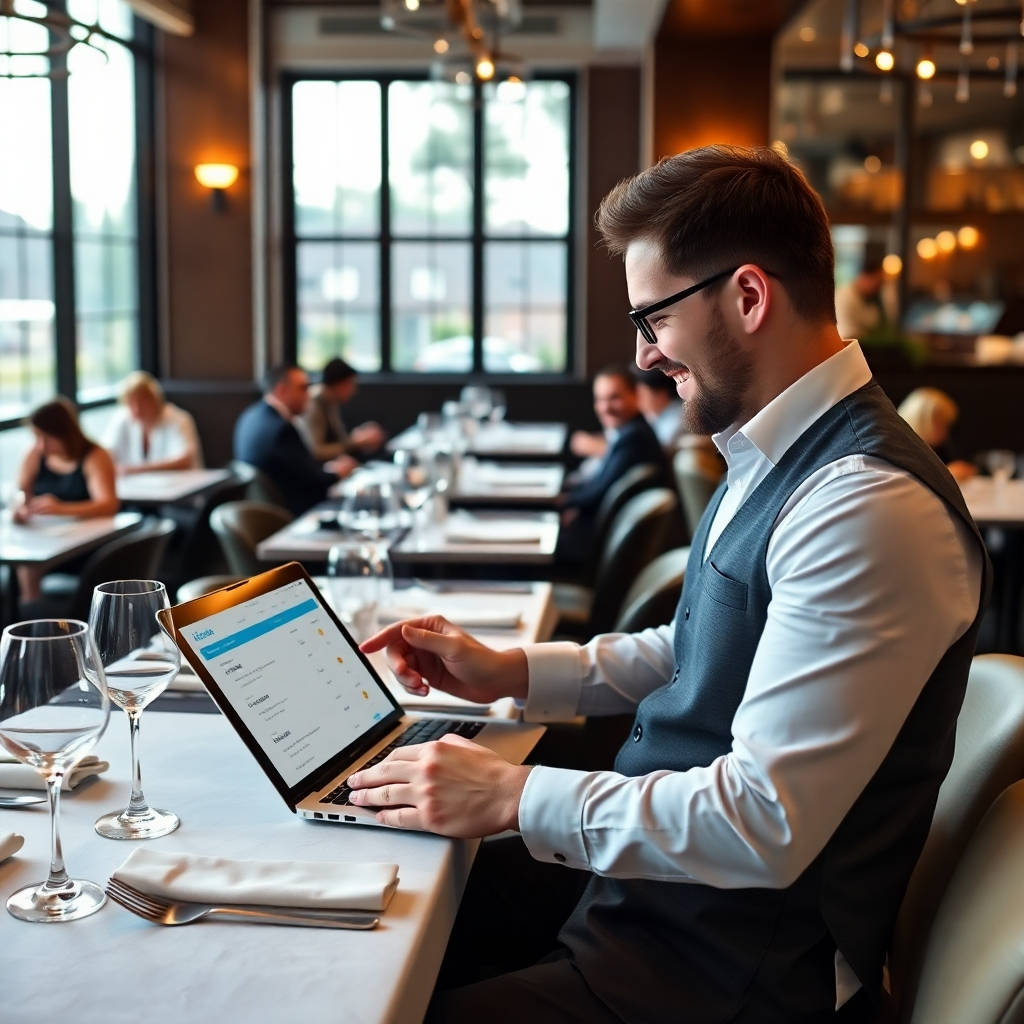 A sleek, modern image of a restaurant owner using the Onexxa app on a laptop in a beautifully arranged dining area. The setting includes tables with elegant table settings and happy diners in the background. Soft, natural lighting from large windows creates an inviting ambiance. Highlight the app's interface on the laptop, representing the unifying platform for management. The image should be hyperrealistic and in 4K resolution.