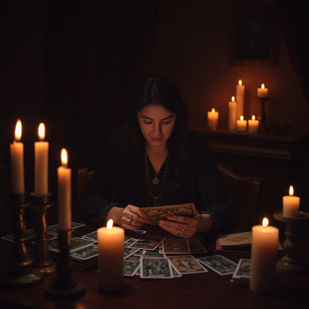 A soothing image depicting an experienced tarot reader in a dimly lit room, surrounded by candles and tarot cards. The warm flicker of candlelight casts gentle shadows, creating an inviting atmosphere. The reader is engaged with the cards, illustrating a moment of deep concentration and connection, showcasing the mystical arts with a focus on clarity and guidance.