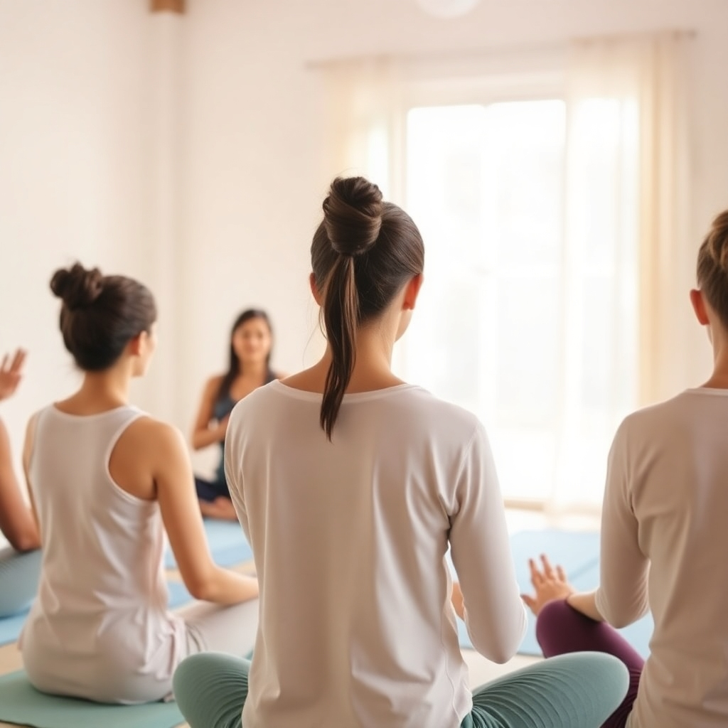 A soothing image reflecting the calmness of Kriya yoga practice. The scene reveals a group of students in class, guided by an instructor demonstrating breath control techniques. Gentle, pastel colors and soft natural lighting enhance the peaceful mood, emphasizing focus and mindfulness. The instructor appears knowledgeable and supportive, creating a welcoming environment. This image encapsulates the sustainable practices that are at the core of our training.
