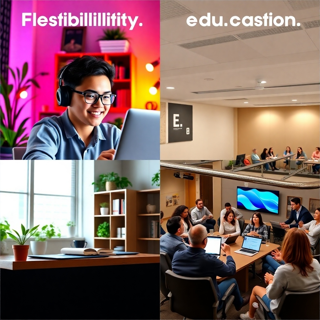 A split-screen image: one half shows a student participating in a vibrant online class from home, while the other half depicts an in-person interactive seminar. The home office is cozy with lights and plants, while the seminar room is spacious and filled with colleagues engaging enthusiastically. Both sides reflect a dynamic learning experience, with elements of interactivity and engagement. The contrast should highlight flexibility in education. The image should be colorful and stimulating, representing choice.