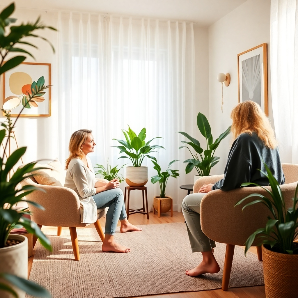 A striking image illustrating a wellness professional practicing psychotherapy in a warm, inviting office space. The room is adorned with calming artwork, plants, and comfortable seating. Soft light filters through sheer curtains, creating a peaceful atmosphere. The therapist, attentively listening to a client, displays empathy and professionalism. The color palette leans towards soothing neutral tones with pops of greenery. The camera angle is focused on the interaction, emphasizing connection and understanding. The image should be photorealistic with high attention to detail.