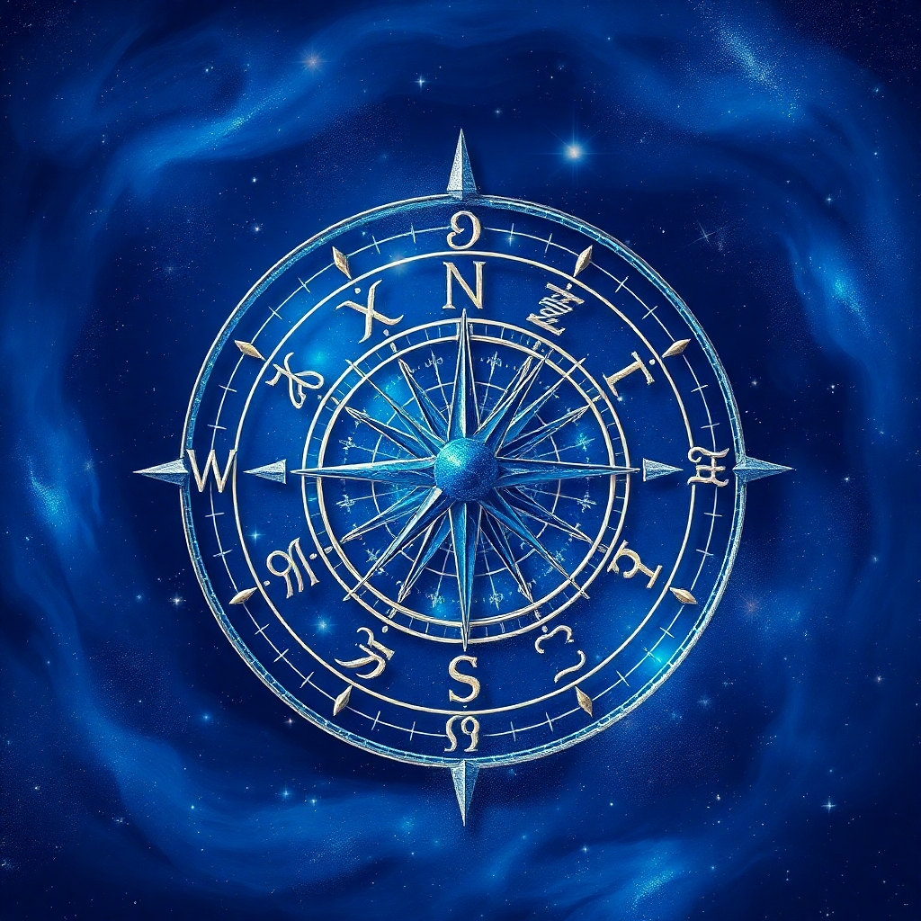 A stunning representation of a compass made from astrological symbols, set against a backdrop of swirling galaxies. The colors are vivid, with deep blues and sparkling whites creating a magical feel. The compass points to various zodiac signs, drawing the viewer's eye across the image. The mystical quality of the composition is enhanced, providing a bright, engaging focus.