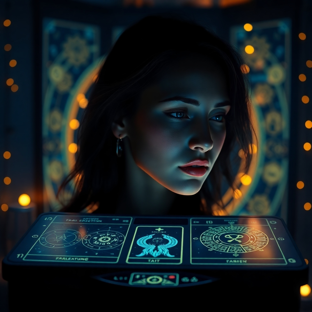 A stylized, high-quality image that represents the fusion of technology and mysticism at DreamerPro. The composition features a serene individual gazing at a high-tech interface displaying tarot cards and astrological charts in a dark, ambient room filled with soft glowing lights. The color scheme leans towards deep navy with bright gold accents for an otherworldly feel. The environment suggests a cozy yet mysterious atmosphere, evoking a sense of exploration and enlightenment. This image captures the company's mission, rendered in 4K resolution with great detail.