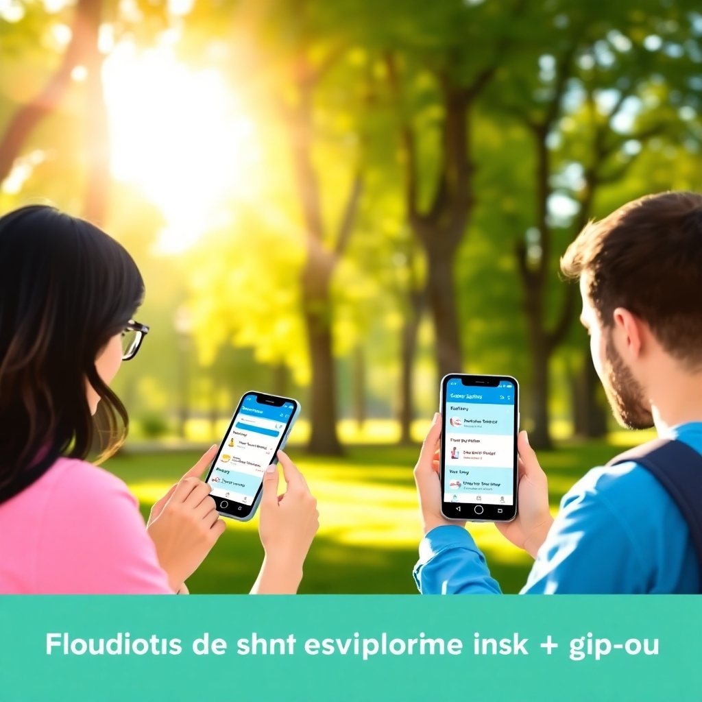 A stylized image presenting users engaging with a second opinion app on their smartphones in a serene park setting. The sunlight filters through the trees, creating a calm environment. The screens display vibrant health stats and second opinion options, capturing the essence of having access to reliable health information on-the-go. The colors are bright and friendly, symbolizing accessibility and trust.