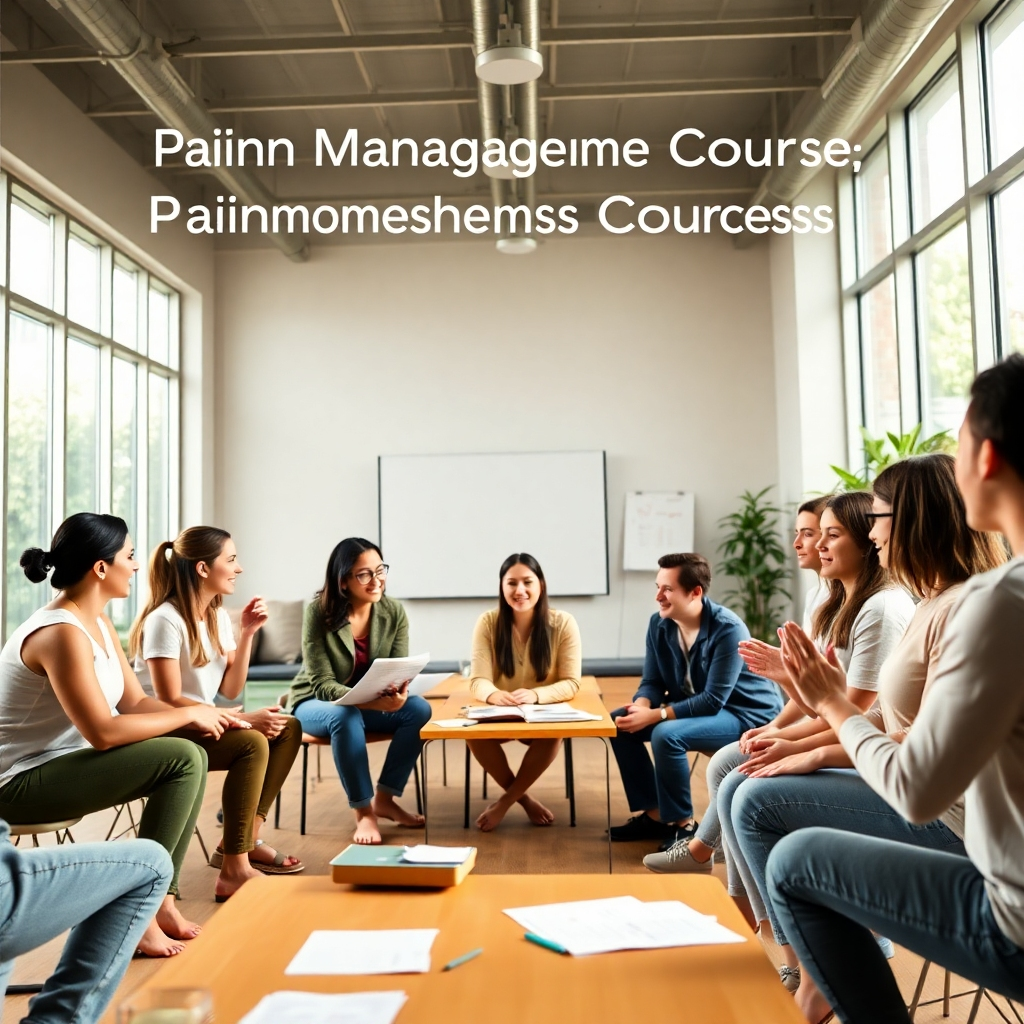A stylized image representing the core mission of IHN's Pain Management Course. The focus is on a diverse group of wellness professionals engaged in a collaborative workshop, actively learning and sharing techniques for pain management. The environment is dynamic, featuring a modern training space filled with natural light. A color palette of calming earth tones enhances the feeling of community. Relevant props include charts, modalities for treatment, and hands-on tools for demonstration. The camera angle captures an engaging interaction, with a warm and inviting atmosphere. The image should be highly detailed, in 4K resolution.
