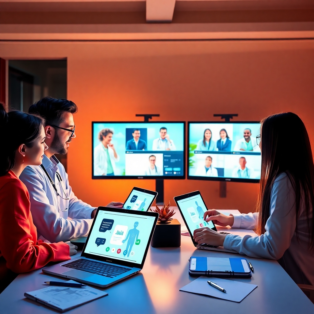 A stylized image representing the heart of 'DxPro Health Application'. The composition features a diverse group of healthcare professionals engaged in a lively webinar session, with vibrant visuals of AI-driven health applications displayed on laptops and screens. The lighting is warm and inviting, casting soft shadows that create a sense of team collaboration. The color palette is a mix of soothing blues and greens, representing health and technology. The environment should evoke a modern workspace, with props like notepads and health-related charts around, showcasing innovation and teamwork. The reference style is contemporary, captured in 4K resolution for high quality.