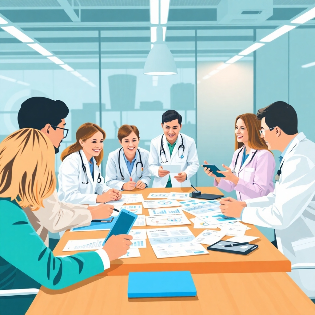 A stylized scene of health professionals brainstorming around a table, with various health analytics and applications printed on paper. The setting is modern, with a lively atmosphere supported by bright lighting. Participants are engaged, sharing ideas enthusiastically. Elements like sticky notes and digital devices are present, symbolizing a collaborative approach. The color palette should include energetic hues that inspire creativity and connection among team members.